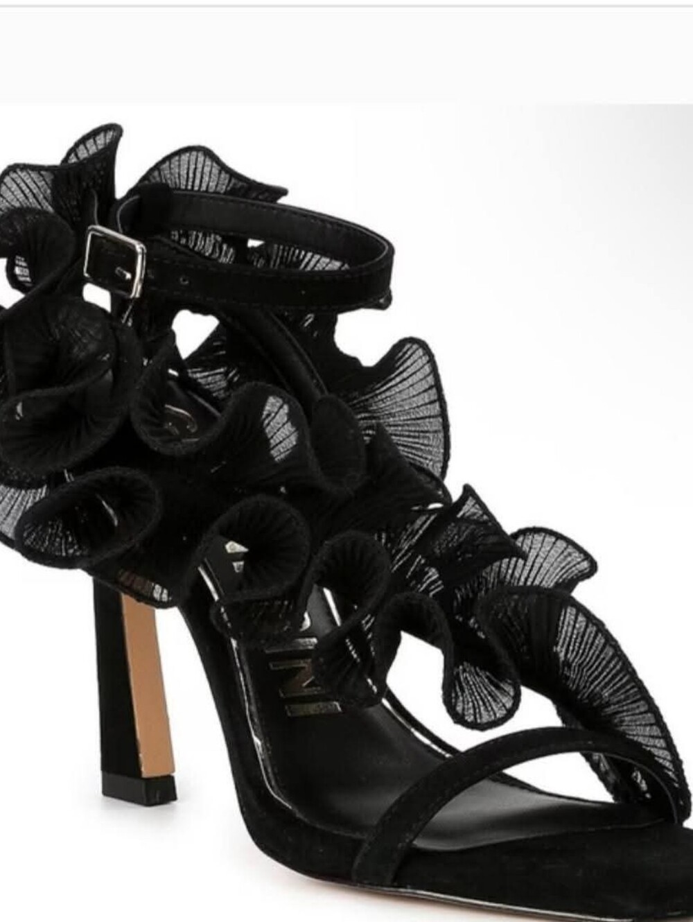 Gianni Bini Black Suede Chiffon Ruffle Franz Heels
